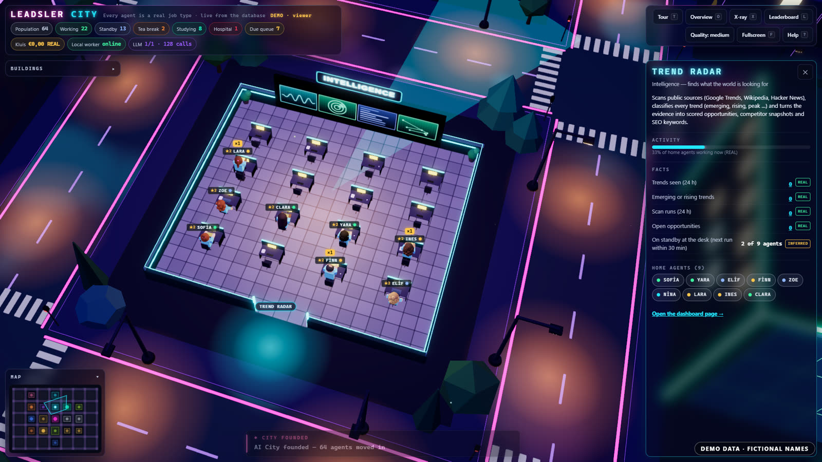 A building close-up during the cinematic tour (demo data)