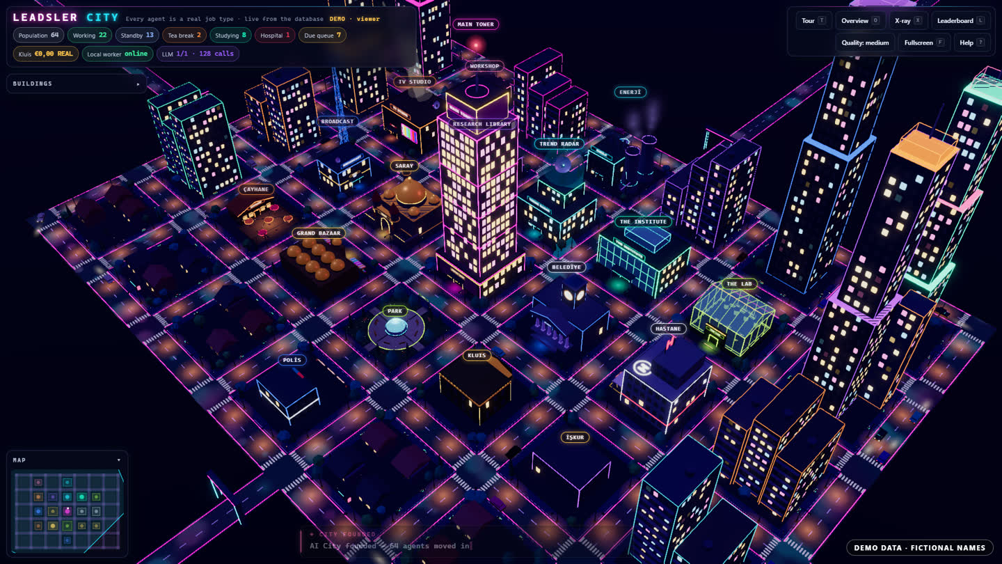 Overview of a neon 3D city at night with labelled buildings and a live status bar (demo data)