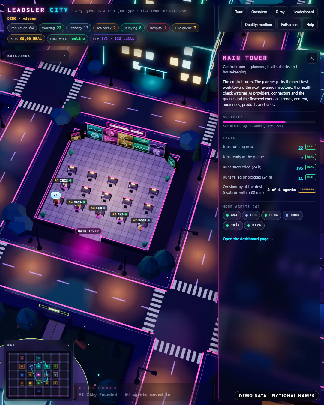 Close-up of the main tower with agents at desks and a side panel with live counts (demo data)