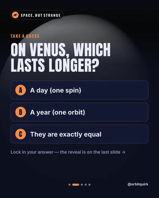 Slide 2, “On Venus, which lasts longer?”: three answers to pick from, a day, a year, or exactly equal