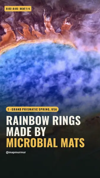 Short frame over an aerial photo of Grand Prismatic Spring: “Rainbow rings made by microbial mats”