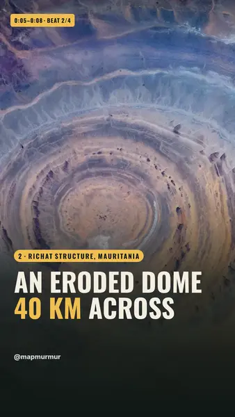Short frame over a satellite photo of the Richat Structure: “An eroded dome 40 km across”